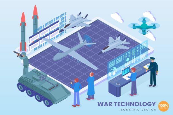 现代作战技术等距矢量16图库精选科技概念插画 Isometric War Technology Vector Concept
