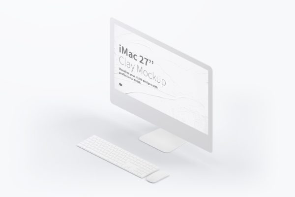27寸iMac一体机Web界面设计效果图预览右视图样机 Clay iMac 27” Mockup, Isometric Right View