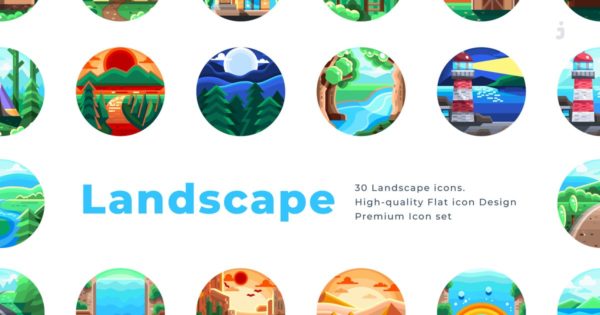 30枚风景景观矢量手绘圆形图标素材 30 Landscape Icons &#8211; Flat