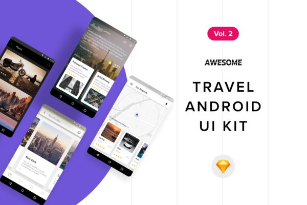 安卓平台旅游APP应用用户交互界面设计SKETCH模板v2 Android UI Kit &#8211; Travel Vol. 2 (Sketch)