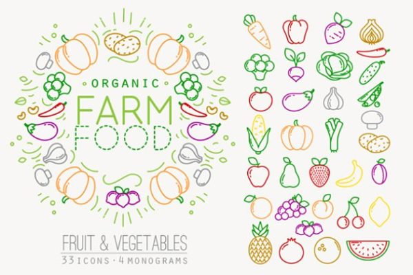 扁平化水果蔬菜食物元素插图 Flat Fruits &amp; Vegetables Icons