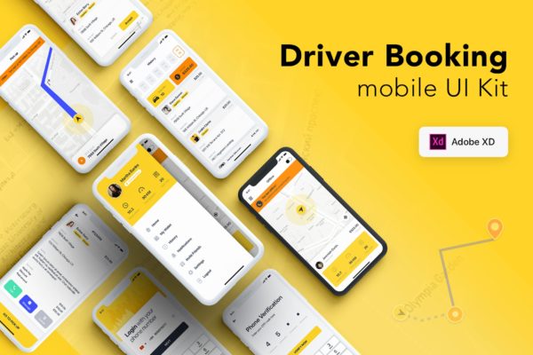 类滴滴出行出租车/网约车打车软件UI设计XD模板 Taxi Driver Booking UI Kit for ADOBE XD