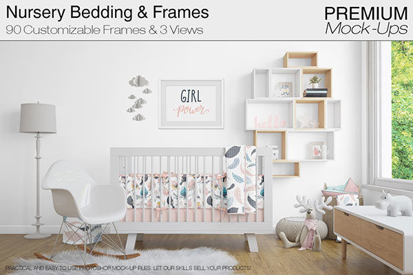 高品质的婴儿床 &amp; 90个相框展示样机下载 Nursery Crib Wall &amp; 90 Frames [psd]
