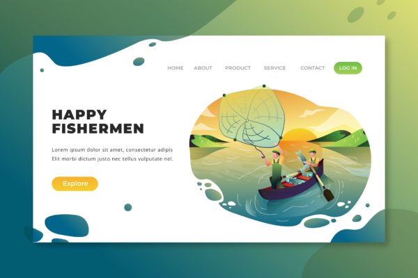 快乐渔夫主题插画网站着陆页设计PSD&amp;AI模板 Happy Fishermen &#8211; PSD and AI Vector Landing Page