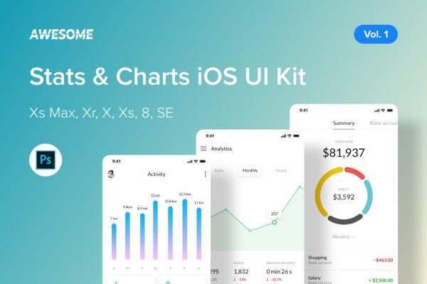 iOS平台数据统计APP应用交互界面设计PSD模板v1 Awesome iOS UI Kit &#8211; Stats &amp; Charts Vol. 1 (PSD)