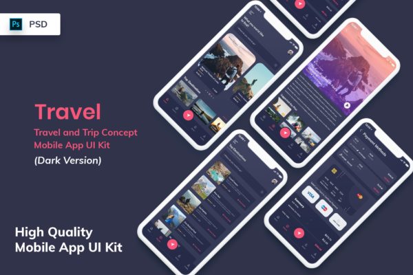 旅行旅游APP应用界面设计UI套件[酷黑版本] Travel Mobile App UI Kit Dark Version