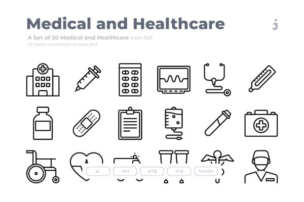 30枚医疗保健主题Outline风格矢量图标 30 Medical and Healthcare Icons &#8211; Outliner