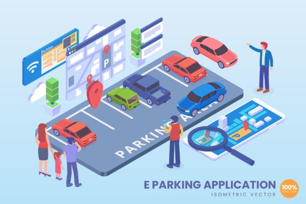 创新停车应用等距矢量普贤居精选科技概念插画 Isometric E Parking Application Vector Concept