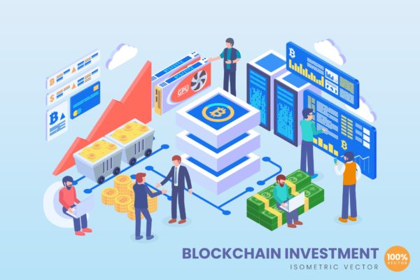 区块链投资主题等距矢量16设计网精选概念插画素材 Isometric Blockchain Investment Vector Concept