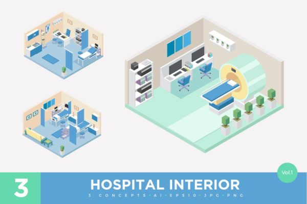 医院门诊场景2.5D等距概念插画v1 3 Isometric Hospital Clinic Interior Vector Set 1