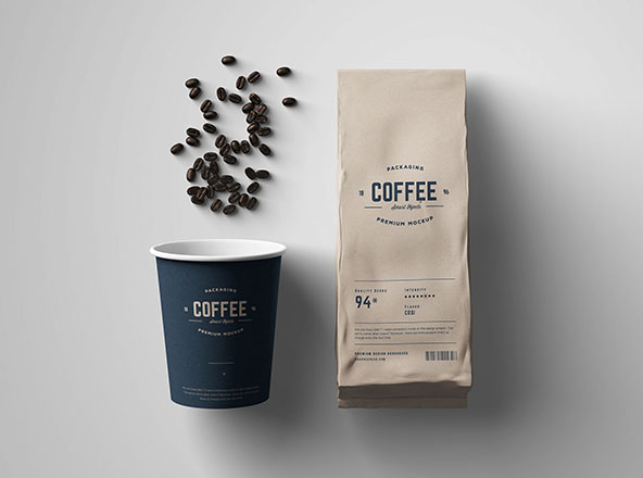 咖啡纸杯＆咖啡豆牛皮纸包装袋设计样机 Coffee Package Mockup
