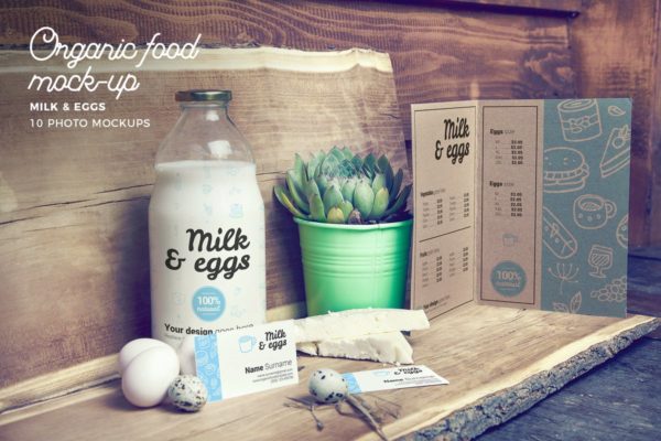 有机食物样机模板/牛奶&amp;鸡蛋 Organic Food Photo Mockup / Milk &amp; Eggs