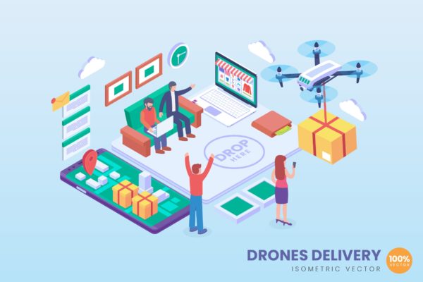 无人机运载技术等距矢量科技16图库精选概念插画 Isometric Drone Delivery Vector Concept