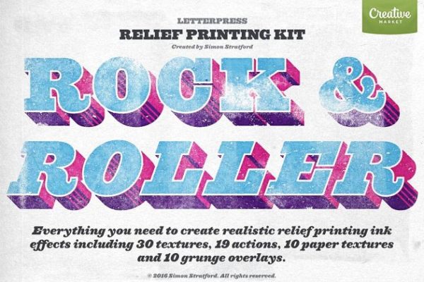 旧书刊印刷油墨风格纹理&amp;PS动作 Letterpress relief printing kit