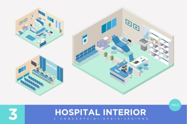 医院门诊场景2.5D等距概念插画v2 3 Isometric Hospital Clinic Interior Vector Set 2
