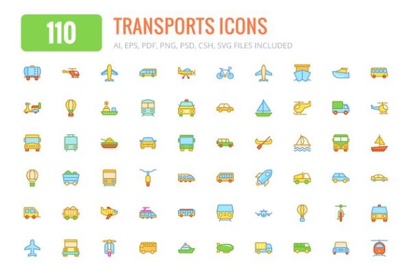 110个交通运输彩色图标和线条图标  110 Transports Colored &#038; Line Icons