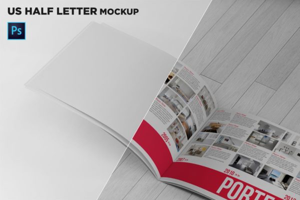 横版设计企业&amp;品牌宣传册左侧特写图样机普贤居精选模板 US Half Letter Brochure Mockup Closeup Left Page