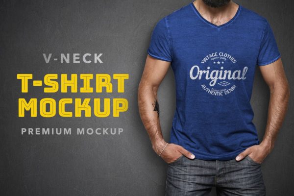 V领T恤设计模特上身效果预览样机模板 V-Neck T-Shirt Mockup