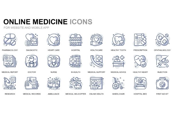 医疗保健主题细线图标矢量图标素材 Healthcare and Medical Thin Line Icons