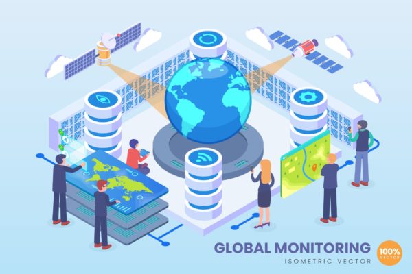 全球监测技术等距矢量16素材网精选科技概念插画 Isometric Global Monitoring Technology Vector