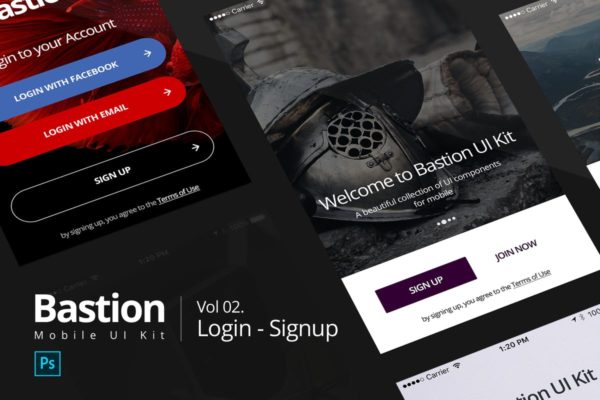 APP应用注册登陆表单界面设计模板 Bastion Mobile UI Kit | #02 Login-Signup