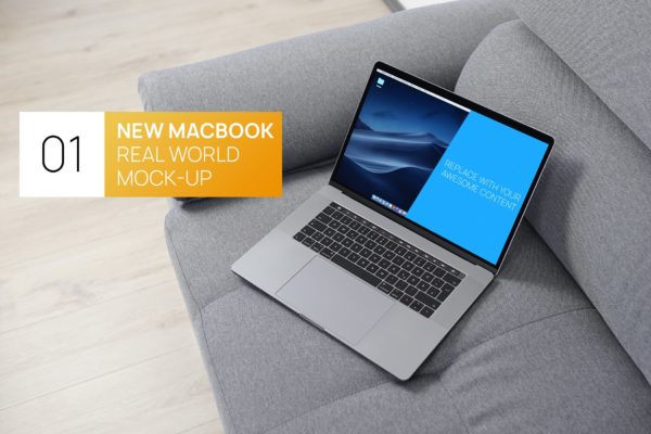 布艺沙发上的MacBook Pro电脑16图库精选样机 New MacBook Pro Touchbar Real World Mock-up