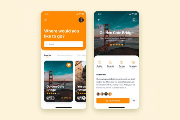 旅游出行预订APP应用首页&amp;预订界面设计素材天下精选模板 Travel Booking Mobile App UI Kit Template