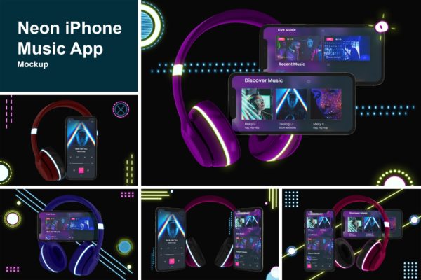 霓虹灯设计风格iPhone手机音乐APP应用UI设计图普贤居精选样机 Neon iPhone Music App Mockup