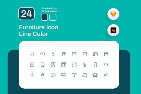24枚建筑主题彩色线性矢量图标 Furniture Icon Line Color
