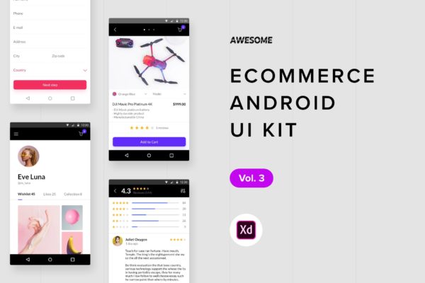 安卓手机电商平台APP应用UI设计v3[XD] Android UI Kit &#8211; Ecommerce Vol. 3 (Adobe XD)