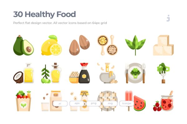 30枚健康食品&amp;蔬菜扁平设计风格矢量图标 30 Healthy food and Vegan Icons &#8211; Flat