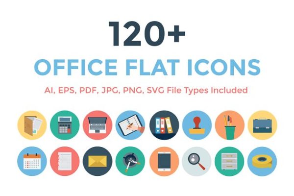 120+扁平化办公室办公用具图标 120+ Office Flat Icons