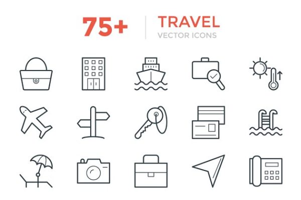 75+旅游交通行程矢量线型图标 75+ Travel Vector Icons