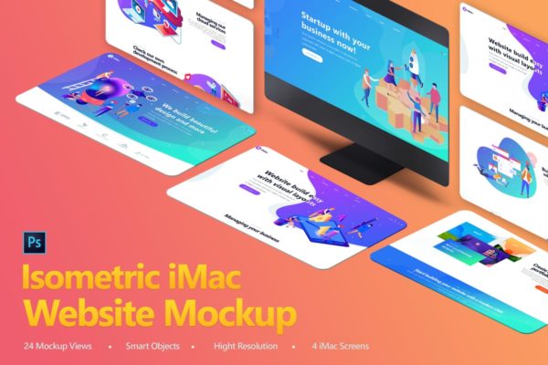 设计师必备等距iMac电脑网页设计展示样机套装 Isometric iMas Website Mockup