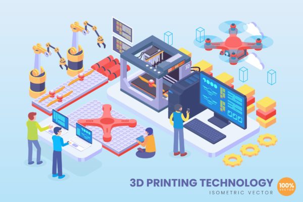 3D打印技术等距矢量科技16图库精选概念插画v2 Isometric 3D Printing Technology Vector Concept