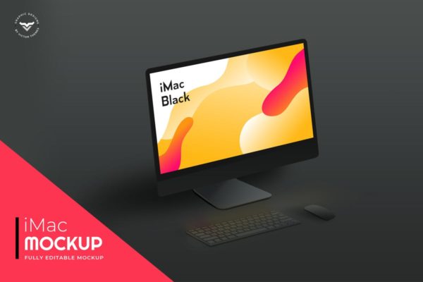 黑色背景iMac一体电脑桌面演示样机模板 iMac Mockups Black