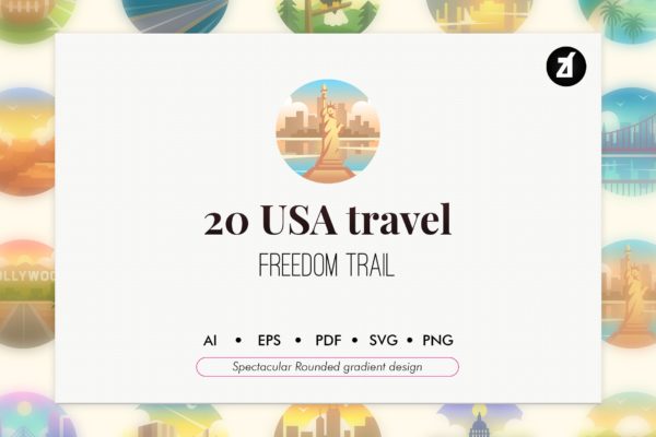 20枚美国旅游主题渐变色矢量圆形图标 20 America travel rounded gradient elements