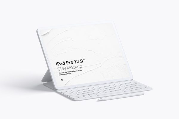 附带键盘的iPad Pro平板电脑屏幕演示样机模板 Clay iPad Pro 12.9” Mockup, With Key Board