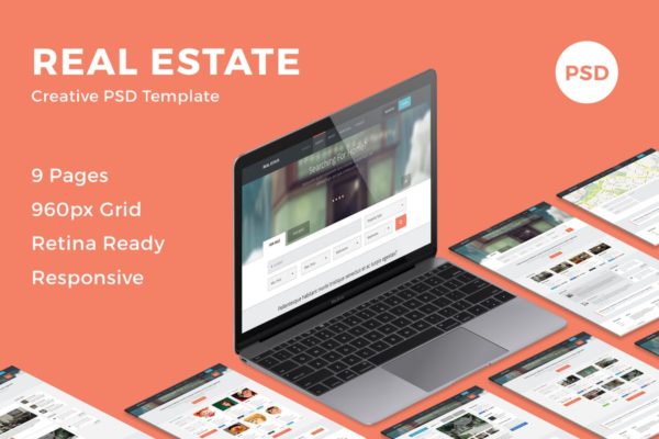 房地产销售中介业务网站设计PSD模板 Real Estate &#8211; Creative PSD Template