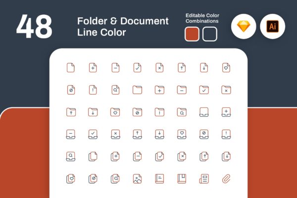 48枚文件夹&amp;文档彩色线性矢量图标 Folder and Document Line Color