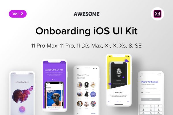 iOS平台APP应用用户引导页设计XD模板v2 Awesome iOS UI Kit &#8211; Onboarding Vol. 2 (Adobe XD)