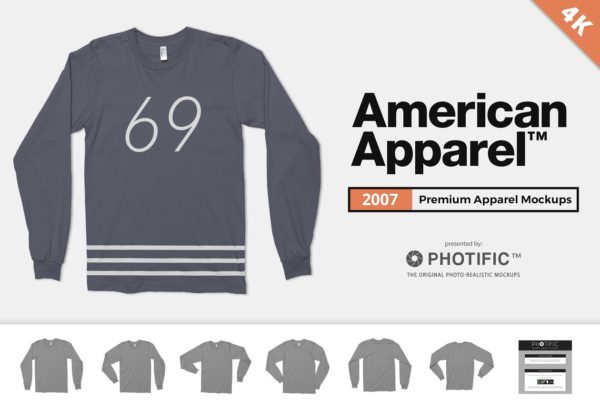 罗纹收口袖长袖T恤样机模板 American Apparel 2007 Shirt Mockups
