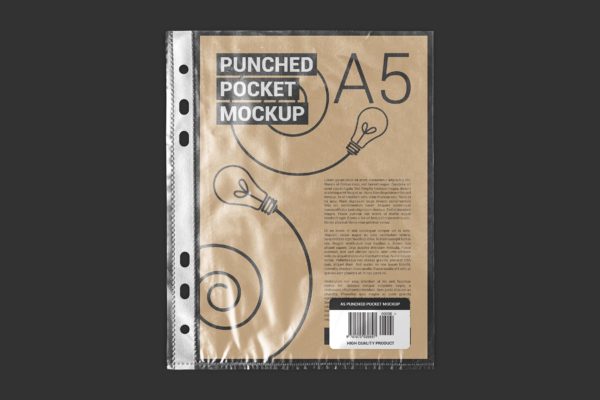 文件纸张穿孔塑料袋设计效果图样机模板 Punched Pocket For A5 Paper Size Mockup