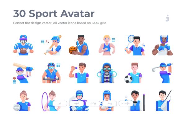 30枚运动员人物扁平化设计矢量图标 30 Sport Avatar Icons &#8211; Flat