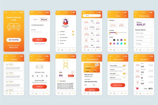 家具网上商城APP应用界面设计UI套件 Shopping Mobile App UI Kit