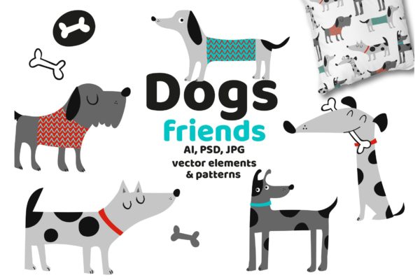 可爱卡通动物手绘图案背景16图库精选 Dogs Friends