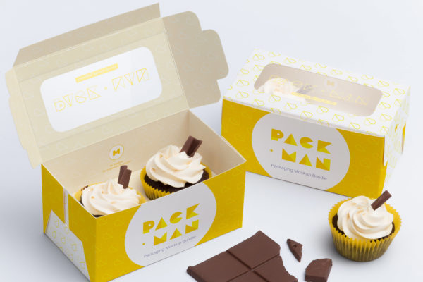 两只装纸杯蛋糕包装盒设计效果图样机01 Two Cupcake Box Mockup 01