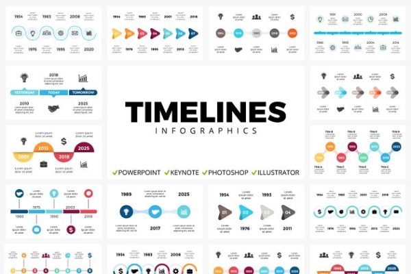 50张独特的时间轴信息图表模板 Timelines | 50 unique slides