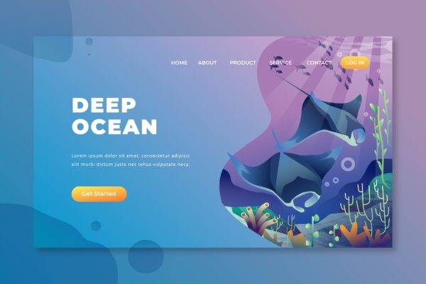 深海海洋主题插画网站着陆页设计素材中国精选模板 Deep Ocean &#8211; PSD and AI Vector Landing Page