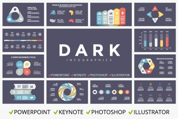 暗色调背景信息图表图形幻灯片设计模板 DARK Infographics